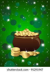 Vector illustration of pot with full of gold coins on shiny background for St. Patrick's Day.
