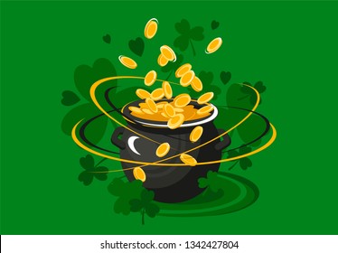 Vector illustration of a pot of gold coins on a background of green leaves of a four-leaf clover, St. Patrick's day