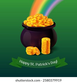 Vector illustration of a pot of gold at the end of a rainbow, symbolizing luck and prosperity for St. Patrick's Day. The black cauldron overflows with shiny gold coins, some featuring shamrock