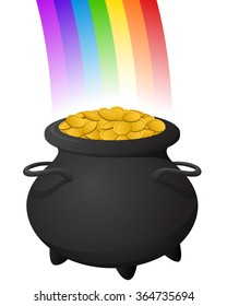Vector illustration of a pot of gold at the end of a rainbow.
