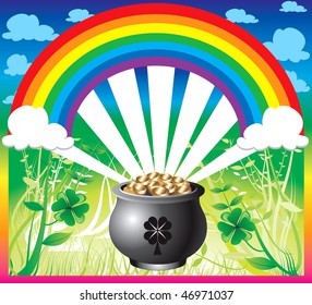 Vector Illustration of pot of gold rainbow with a colorful background and a place for text or imagery.