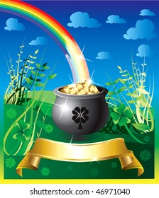 Vector Illustration of pot of gold rainbow with a colorful background and a place for text or imagery.