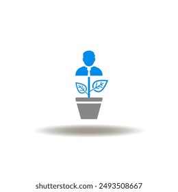 Vector illustration of pot with grow man. Icon of personal growth. Symbol of learn and grow. Sign of career development.