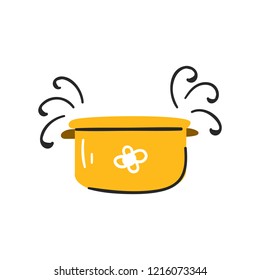 Vector illustration, Pot with hearts. Cooking card. Cartoon cute style pan. Mindful eating concept. Cook with love. Warm family dinner icon. Casserole, saccepan kitchen illustration