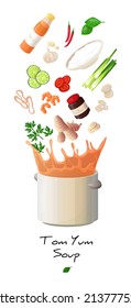 Vector illustration with a pot into which the ingredients of tom yum soup fall. Concept of the recipe for Thai soup tom yam.