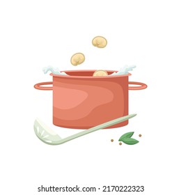 Vector illustration of a pot into which Russian dumplings are thrown. Cooking pelmenies. National food.