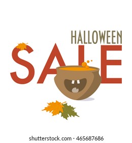Vector illustration of a pot with a magic potion in. Cauldron for Halloween. A pot with autumn maple leaves and sale text at background. Halloween Sale. Halloween Witch Pot.
