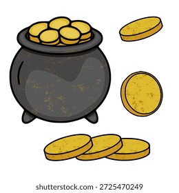 Una Ilustración vectorial de una olla rebosante de monedas de oro, con monedas dispersas a su alrededor, perfecto para temas del Día de San Patricio.