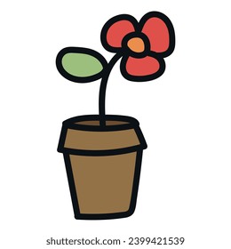 Vector illustration of pot with red flower drawing.