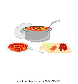 Vector illustration with a pot of soup and a plate of borscht. Nearby lies a cutting board on which the chopped beets, carrots and onions.