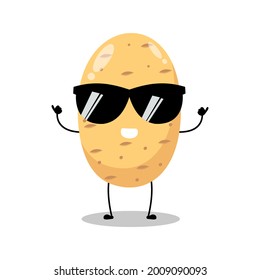 Vector illustration of potato character with cute expression, smile, sunglasses, funny, potato isolated on white background, simple minimal style, vegetable for mascot collection, emoticon, kawaii