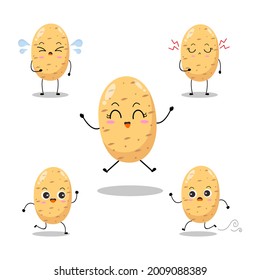 Vector illustration of potato character with various cute expression, funny, set of lovely potato isolated on white background, simple minimal style, vegetable for mascot collection, emoticon, kawaii