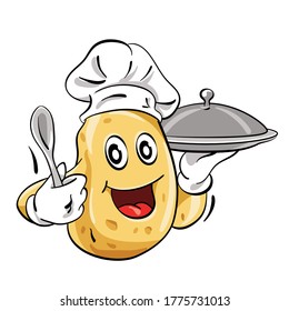 Ilustración vectorial de un chef de patatas que sostiene una cuchara y un plato con tapa