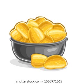 Vector illustration of Potato Chips, still life composition of heap fatty fried potatoes in grey bowl and two slices of home made crispy potato chips on white background.	