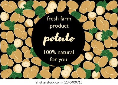 vector illustration of potato and leaf design with lettering potato background black and vegetable and text fresh farm product 100% natural for you EPS10