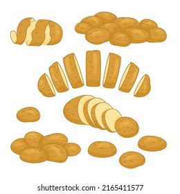 Vektorgrafik von Kartoffelprodukten Set. Chips, Pfannkuchen, Pommes frites, ganze Wurzelkartoffeln im realistischen Stil. Ernte Gemüse-Symbole.