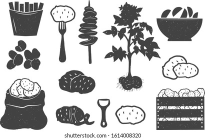 Vector illustration of potato silhouette monochrome flat vintage icons set. French fries, on fork, spiral, plant, served on plate, baked, sack, peeled, peeler, linear, basket, box. Hand drawn style