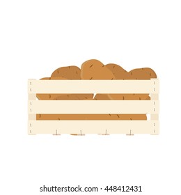 Vector illustration potatoes isolated on white background. Eco vegetable. Potato tuber. Wooden box full with potatoes