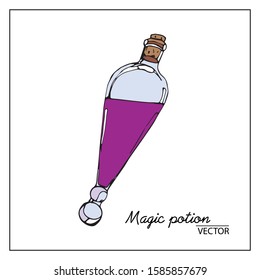 Vector illustration of potion bottles. Drawn by hand in doodle style, colored on a white background. For magic salons, books, book illustrations, creating designs, cards, fortunetelling cards.