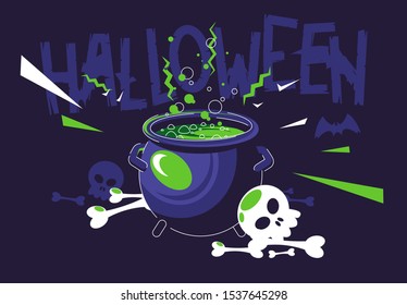 vector illustration of potion pot, bats, bones, skull, Halloween