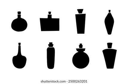 Vektorgrafik von Tränken und Elixieren Silhouetten. Handgezeichnete Sammlung von Flaschen einzeln auf weißem Hintergrund