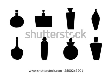 Vector illustration of potions and elixirs silhouettes. Hand drawn collection of flasks isolated on white background