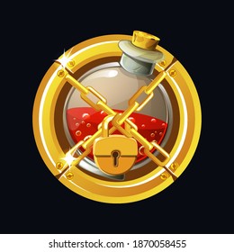 Vector Illustration Of Potions Icon With Golden Lock. Gold Frame And Chain On Closed Bottle With Elixir.