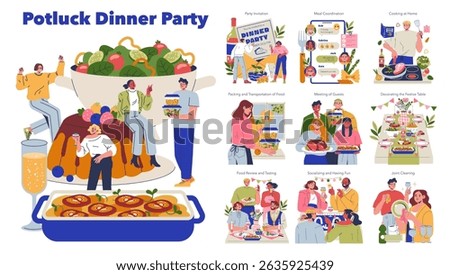 Vector illustration of a potluck dinner party showcasing friends preparing and sharing meals. Scenes include meal coordination, socializing, and enjoying a festive table setting.