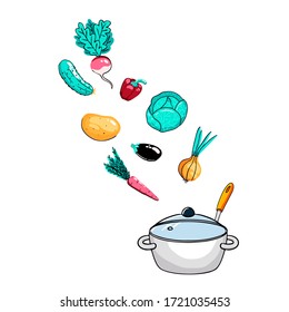 Ilustración vectorial de ollas e ingredientes para sopa. Los elementos sobre el tema de la cocina se dibujan a mano. Lista de compras.