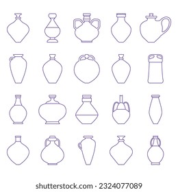 Vector illustration with pots of various shapes. Set ceramic vase icon in line style. Different shapes of container for liquid. Editable stroke. Clay items on potters wheel. Symmetric vases
