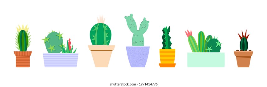 Vector illustration of potted cacti isolated on a white background. Icons, silhouettes of cacti. Mexican desert cactus, tropical plants, summer garden. Abstract decorative cactus, succulent, aloe