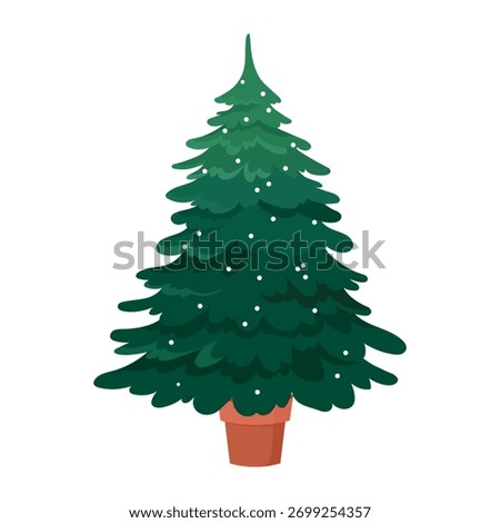 Vector illustration of potted Christmas tree with snowflakes isolated on white background. Festive holiday design.