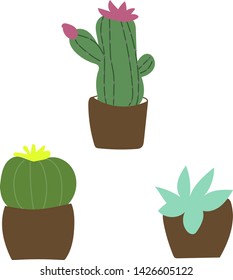 
Vector illustration of potted flowers. Cacti and succulents for scrapbooking and printing on fabric