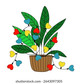 Vector illustration of a potted green plant decorated with colorful heart-shaped garland. Fun, festive and cheerful design for seasonal or romantic-themed projects.