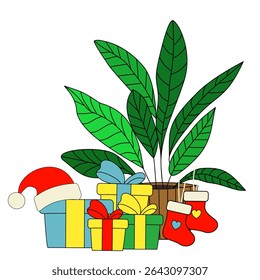 Ilustração vetorial de uma planta verde cercada por presentes de Natal, chapéu de Papai Noel e meias festivas. Uma cena de férias acolhedora e moderna com vibrações ecológicas.