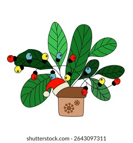 Ilustração vetorial de uma planta folhosa em vaso decorada com luzes de Natal e um chapéu de Papai Noel. Um conceito festivo e ecológico perfeito para cartões de férias modernos, decoração e marca sazonal