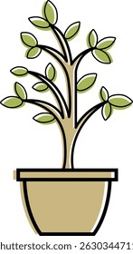 Ilustração vetorial de uma planta em vaso com folhas verdes em um vaso marrom. Design mínimo e limpo ideal para a natureza, decoração, jardinagem ou projetos com temas ecológicos.