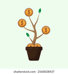 Vector illustration of a potted tree bearing coin fruit.