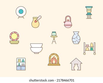 Vector illustration of a Pottery elements. Contains such as Bowl, Plate, fireplace, ceramics, vase, clay, mug and more. Flat illustration style line drawing and background