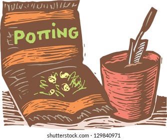 Vector illustration of potting soil, pot and spade