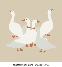 Vector illustration of poultry geese, hand-drawn graphics naive style.