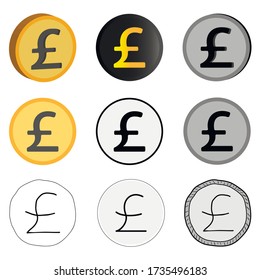 Ilustración vectorial de libras esterlinas, nueve opciones para la moneda británica. Iconos de la libra británica.