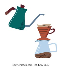 Vector illustration of pour over coffee preparation. Hand brewing method with gooseneck kettle, glass carafe and dripper, flat cartoon icon for cafe, manual brewing and coffee culture themes