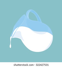 Vector illustration pouring fresh milk from glass jug on blue background. Milk logo