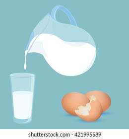 Vector illustration pouring fresh milk from jug in glass and brown chicken eggs on blue background. Breakfast countryside food