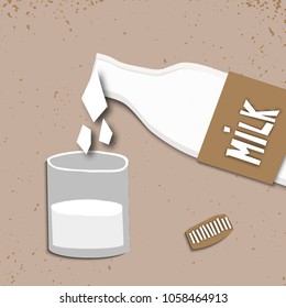 Vector illustration of pouring milk and glass of milk. Paper cut style with ragged edges