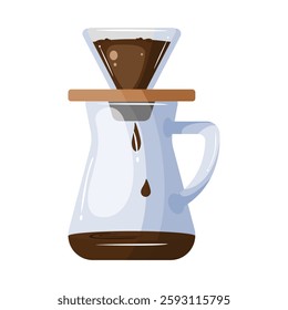 A vector illustration of a pour-over coffee brewing setup, featuring a glass carafe and a filter cone with coffee grounds. This image is perfect for showcasing the pour-over coffee brewing method in a