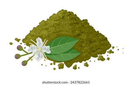 Vector illustration, powder and leaves of Lawsonia inermis, also known as hina, henna tree, mignonette tree, and Egyptian privet, isolated on white background.