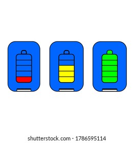 Ilustración vectorial de un nivel de banco de potencia con una batería agotada, semicargada y totalmente cargada con fondo blanco