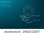 Vector illustration of power button on the hand. Energy, electrical technology concept. Power button iconbutton icon on hand on dark blue background.
